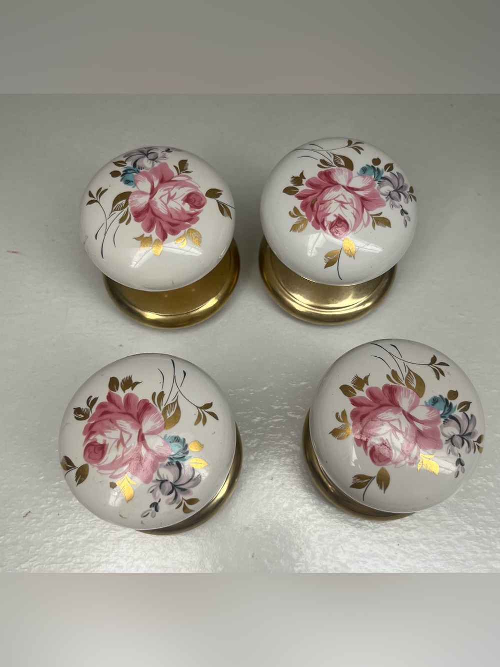 Vintage Gainsborough Porcelain Door Knobs, Floral & Brass